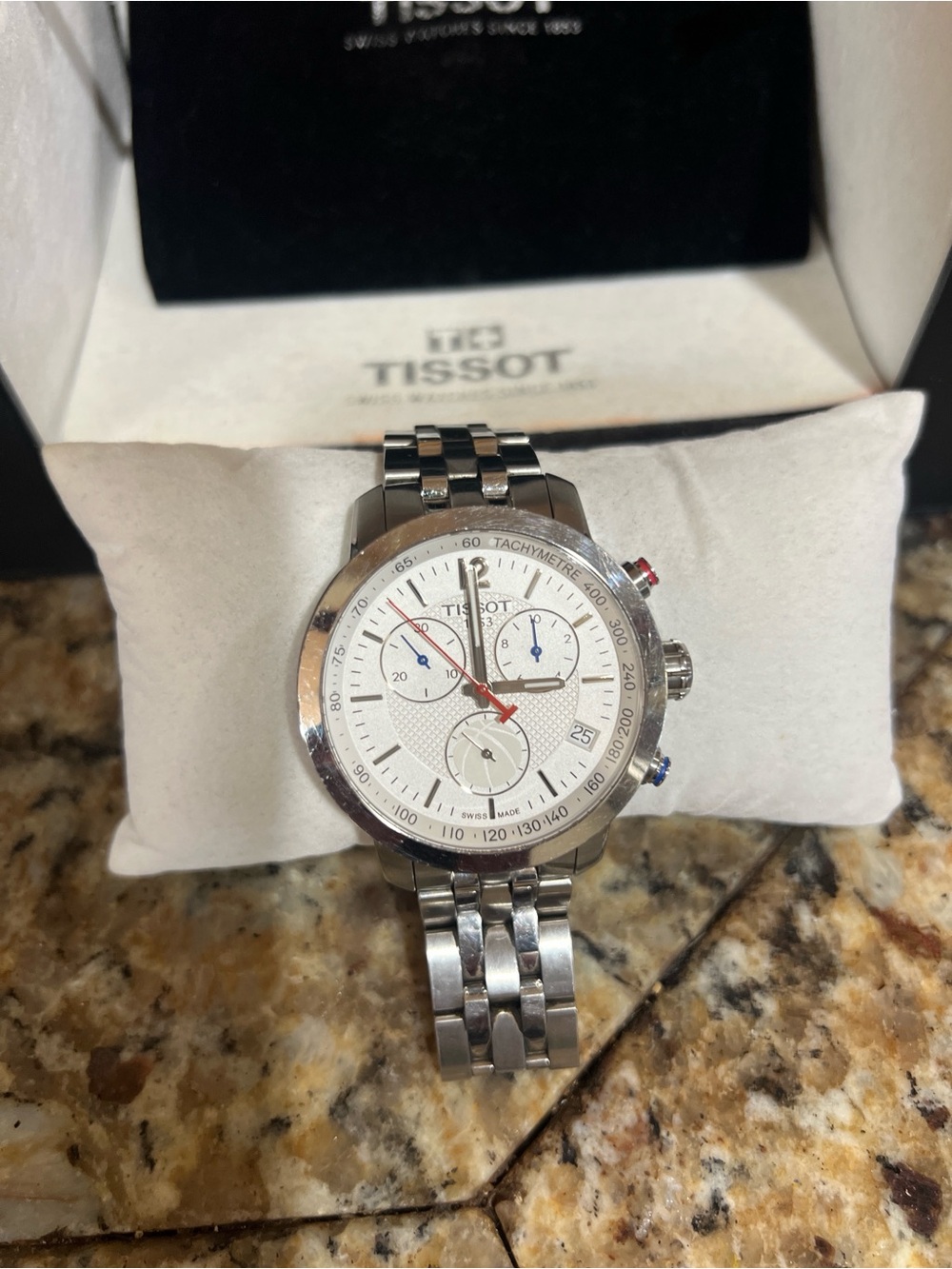 Tissot Silver Stainless Steel Chronograph Watch with White Dial